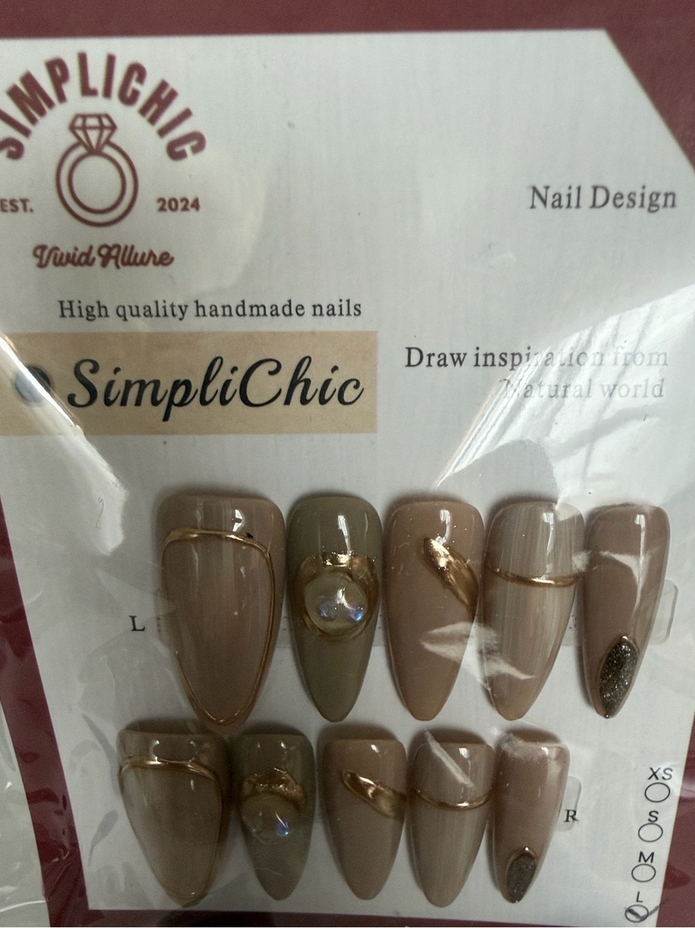 Custom Made Press-On Nail Set Beige & Olive with Gold Accents NWT